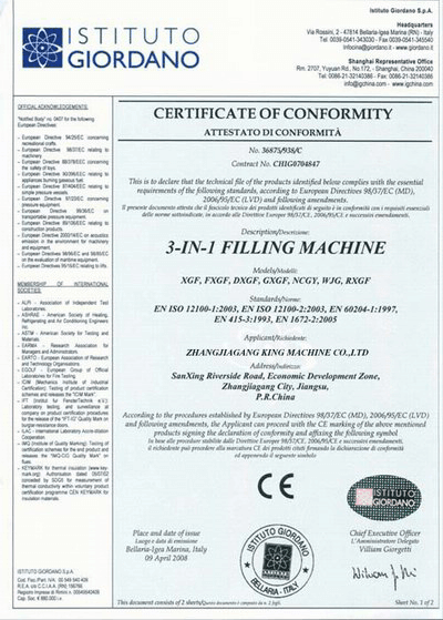 Ce Certificate For Filling Machine